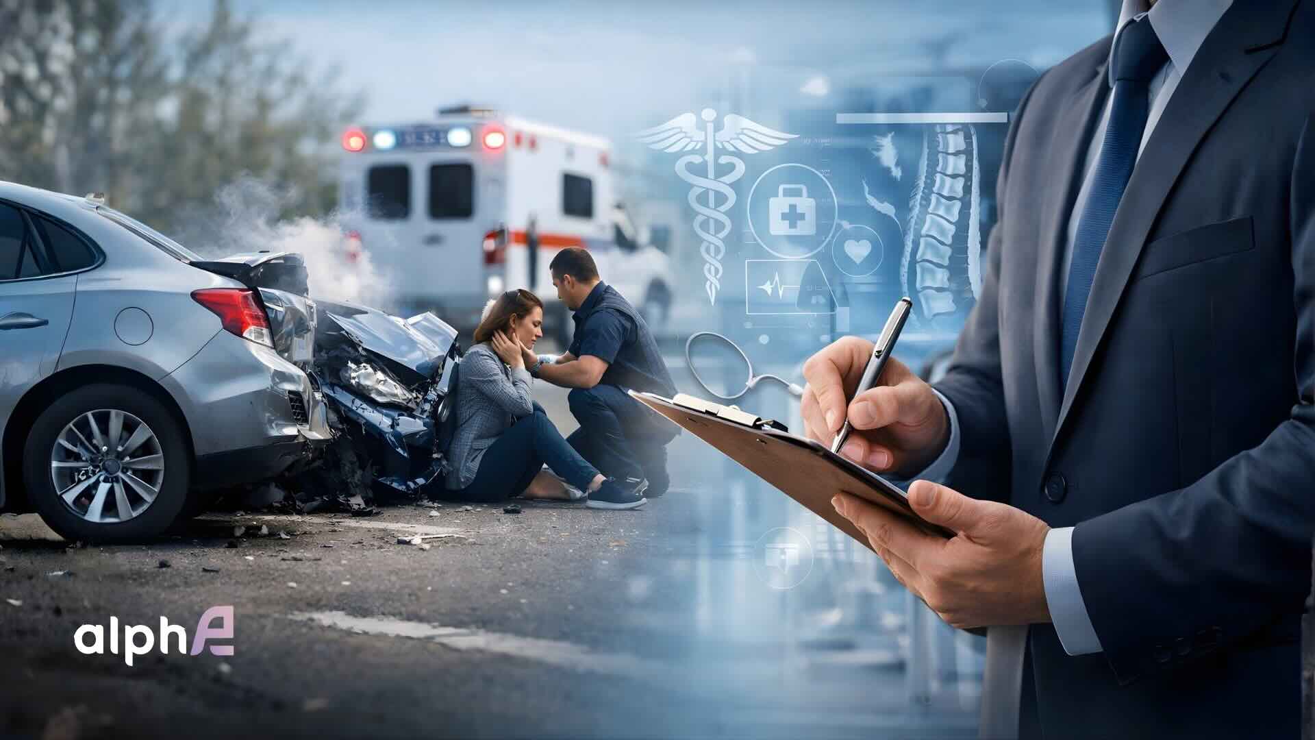 Injured person after a car accident receiving assistance while a legal professional documents the case for medical and personal injury claims