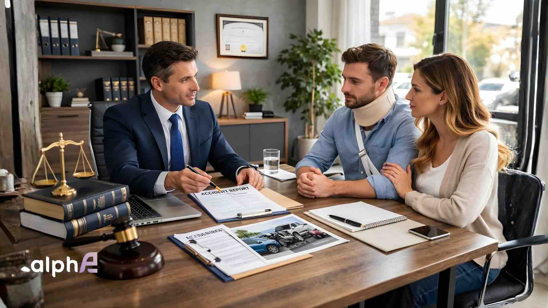 Attorney reviewing accident details with injured client during legal intake process for a personal injury case