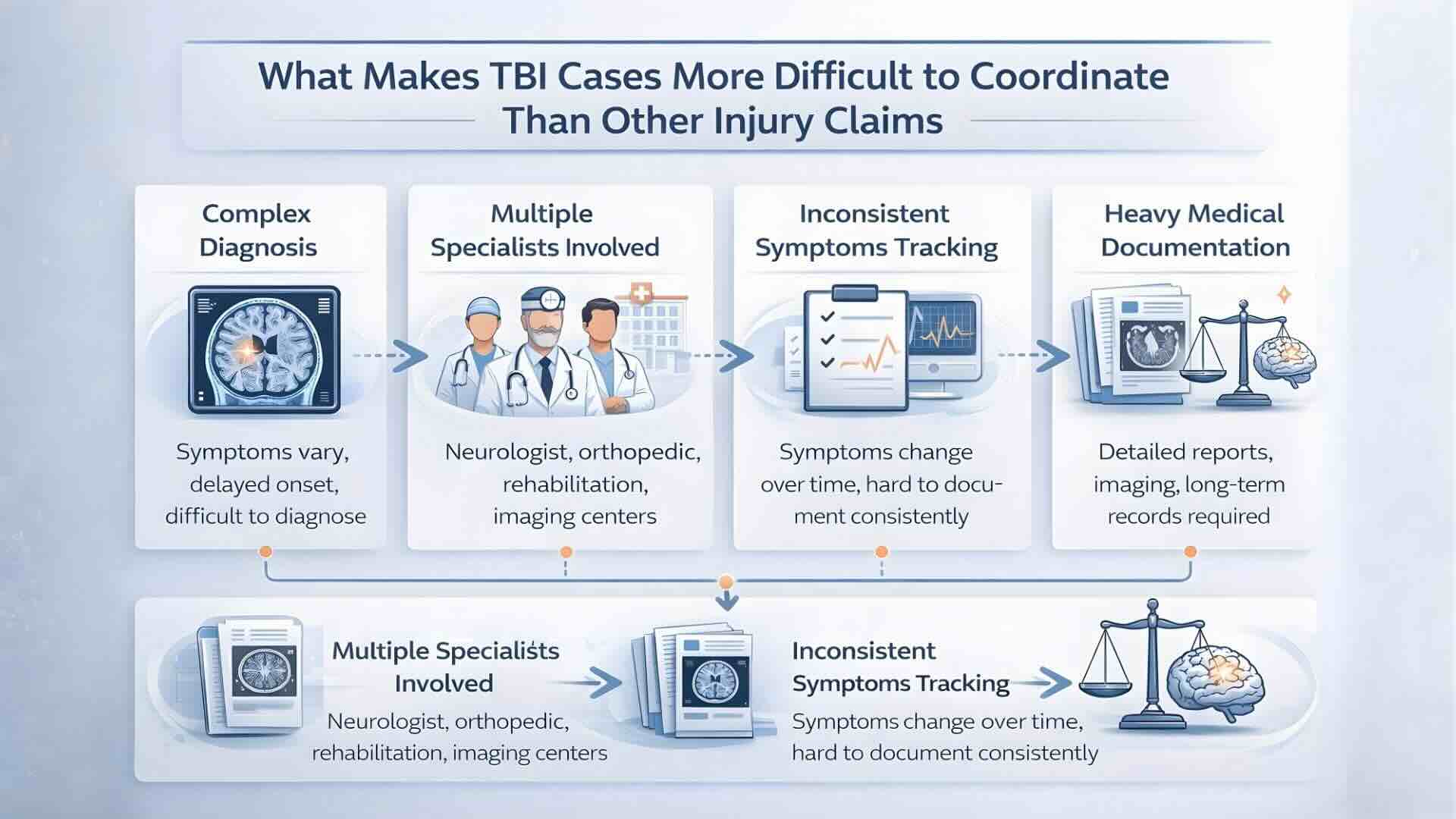 TBI case management in personal injury challenges including delayed symptoms, multiple specialists, and complex documentation