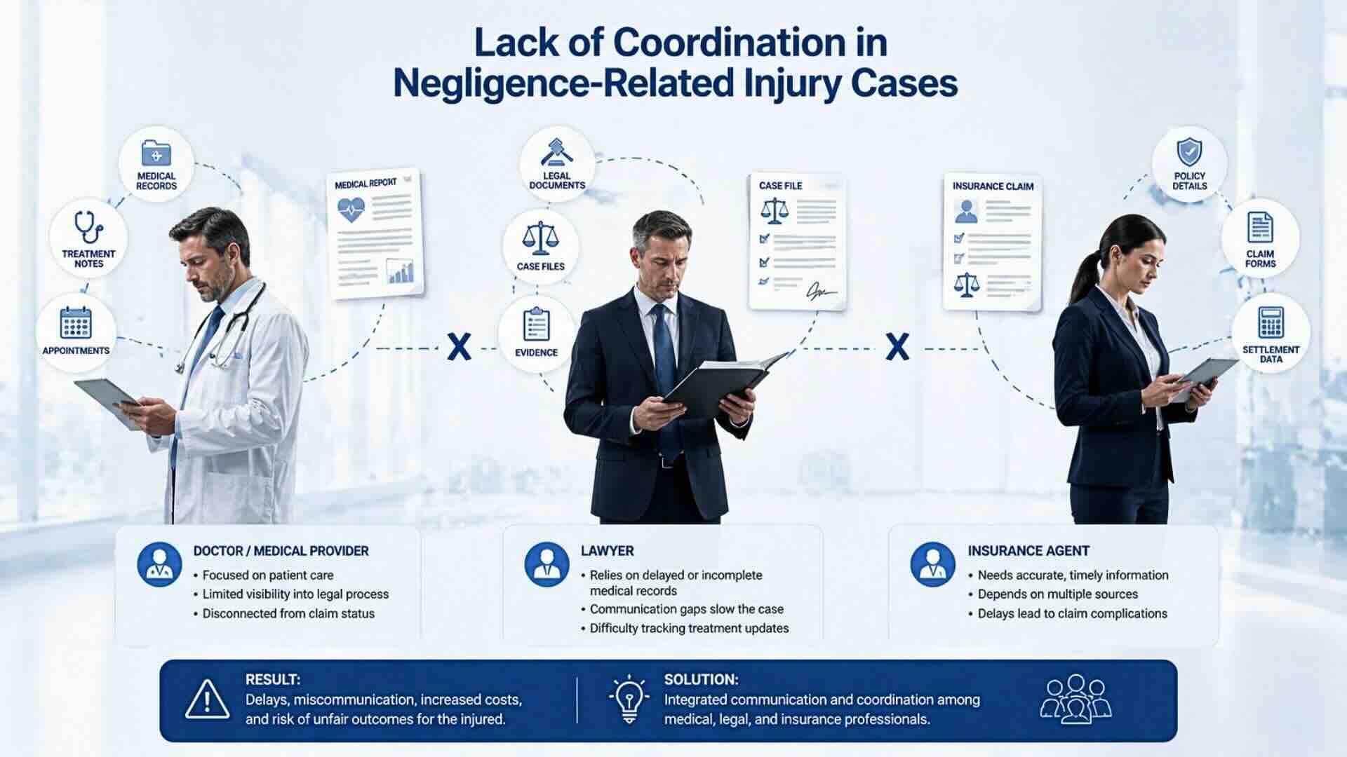 lack of coordination in negligence-related injury cases between medical providers, lawyers, and insurance agents