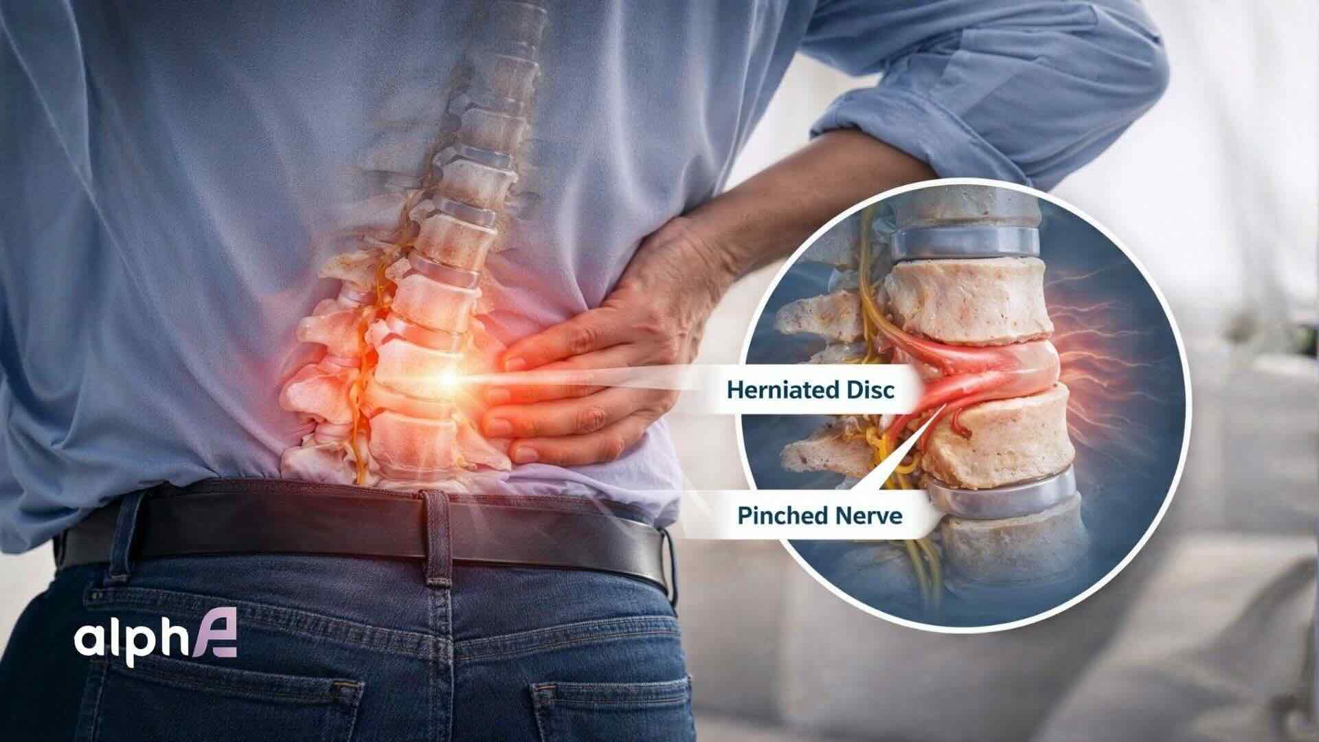 Lower back pain caused by herniated disc and pinched nerve in orthopedic spine injury