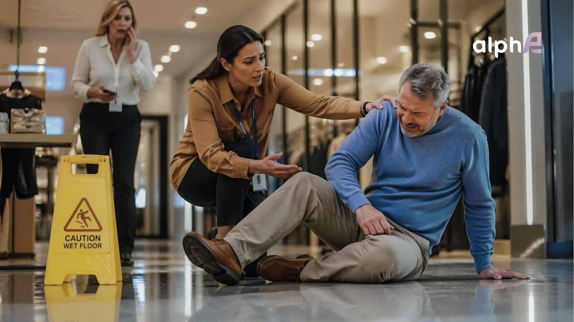 premises liability slip and fall injury on wet floor with warning sign