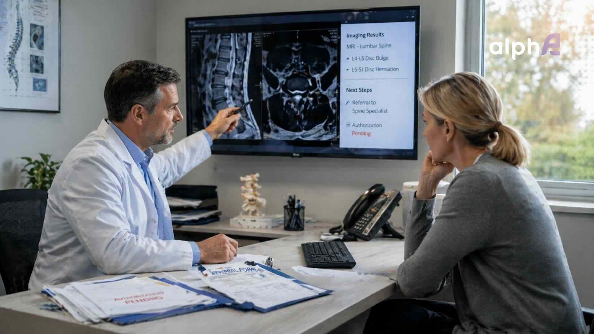 specialist referral after diagnostic imaging showing doctor reviewing MRI results with patient