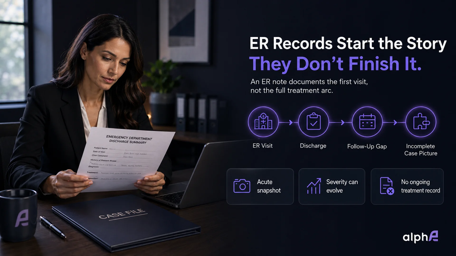 ER records personal injury claim documentation showing that emergency room notes start the case but do not complete the full treatment arc