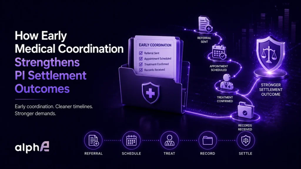 Early medical coordination workflow showing referrals, appointments, records, and stronger PI settlement outcomes